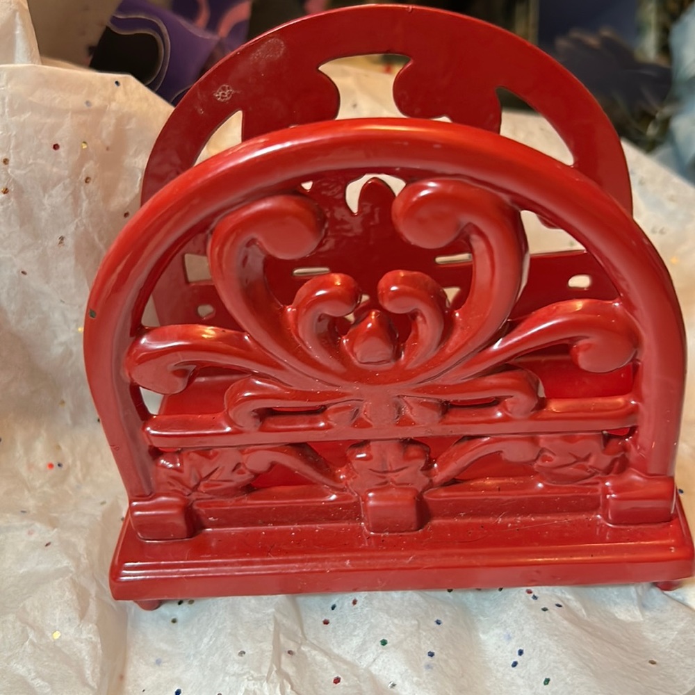 RED antiquey country CAST IRON napkin Holder HOLIDAY TIME
